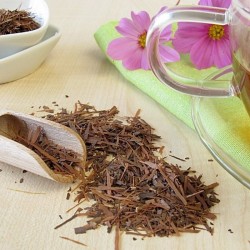 corteza de lapacho en un recipiente y cuchara para preparar té