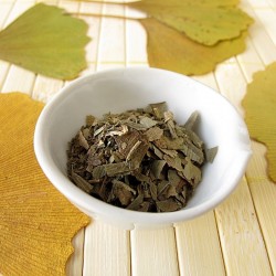 dried Ginkgo Biloba leaves in a bowl next to fresh leaves