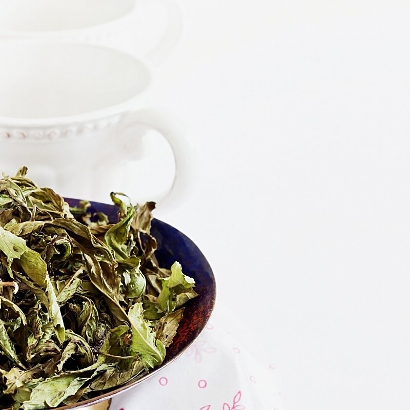 peppermint leaves in a bowl next to a cup