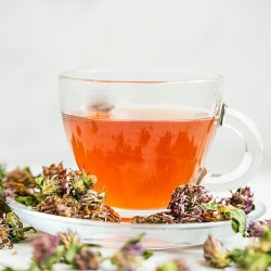 flores de trébol rojo junto a una taza de infusión