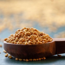 fenugreek seeds in a wooden measuring spoon