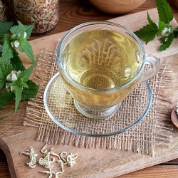 a cup of white dead nettle tea next to 2 fresh plants