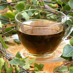 fresh birch leaves near a tea