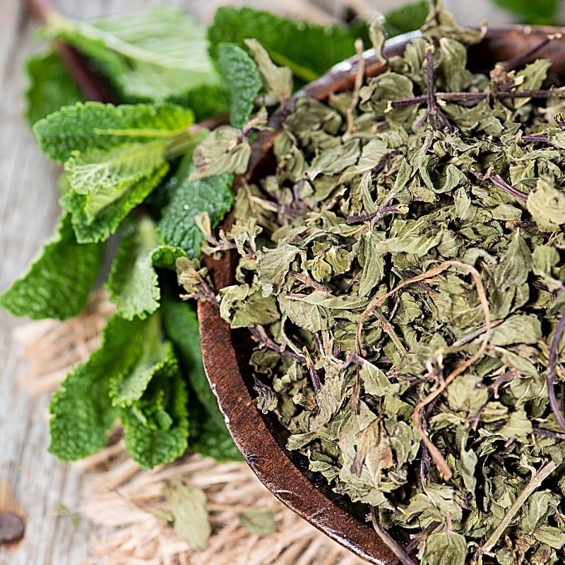 dried spearmint leaves in a bowl next to fresh leaves