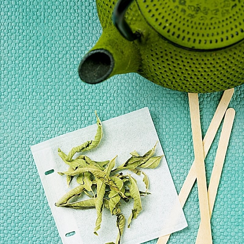 dried lemon verbena leaves next to a teapot