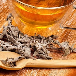 dried sage leaves with a cup of tea