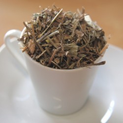 dandelion leaves in a cup on a plate