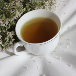 chávena de chá de valeriana junto às flores